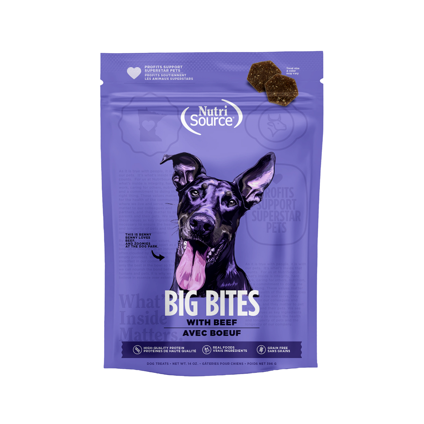 Snack para Perro NutriOurce Grain Free Bocados Grandes con sabor a Carne 14 Oz.